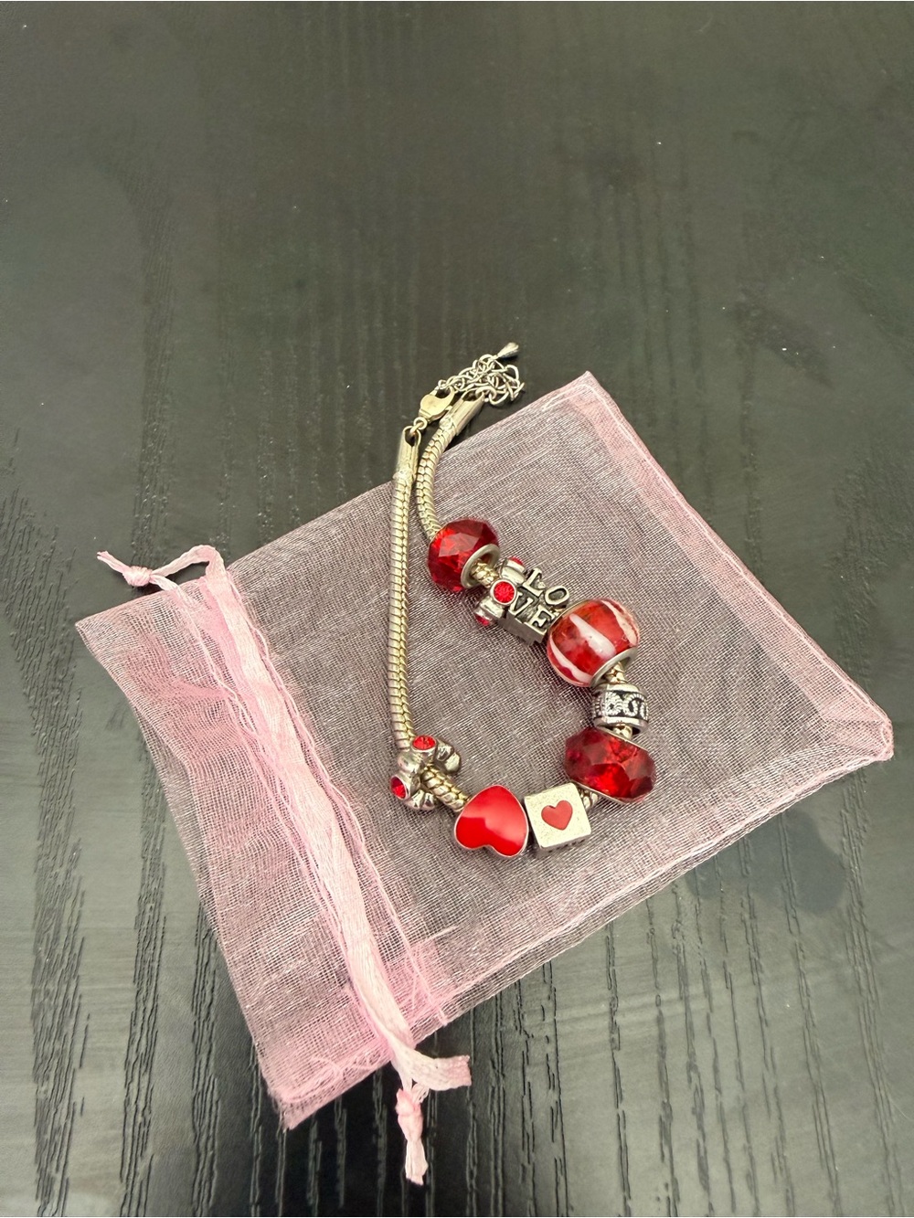 Pandora style Charm Bracelet with Silver/Red Accents